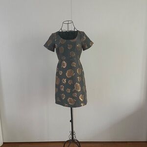 Ann Taylor NWT Green Gold Metallic Floral Jacquard Sheath Dress Sz 00P
